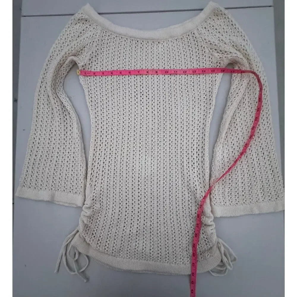 SHEIN Boho Cream Open Knit Bell Sleeve Tunic Sweater Size Medium Beach Comfy